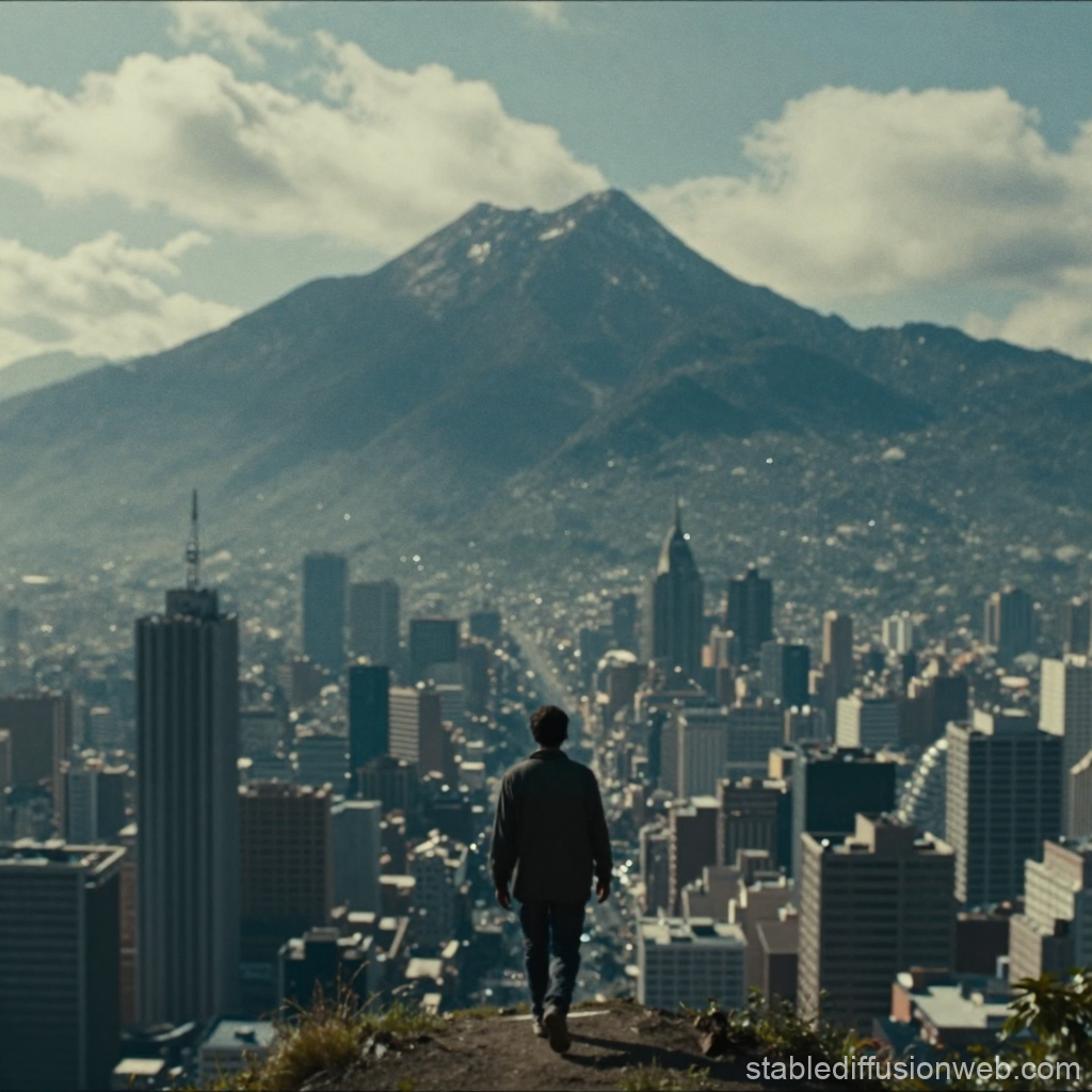 Man Overlooking Cityscape with Mountain Backdrop