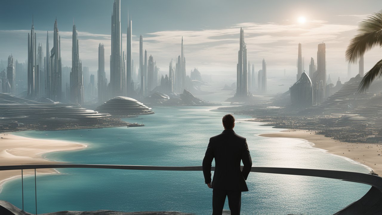 Man Overlooking Futuristic Cityscape by the Water