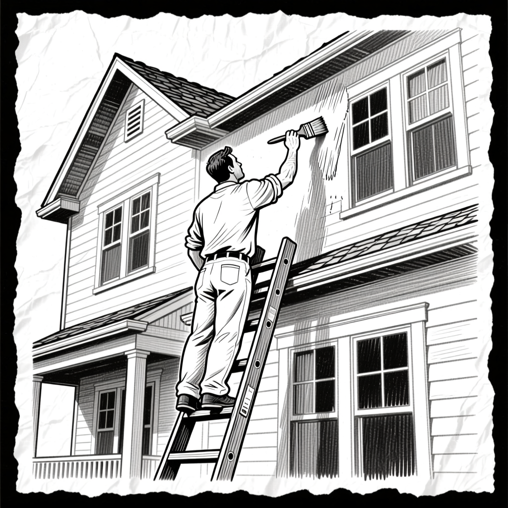 Man Painting House Exterior on Ladder