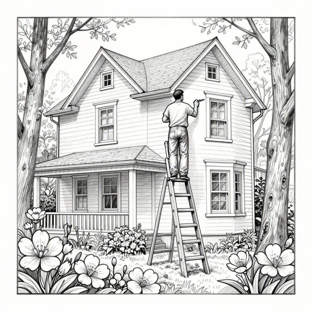 Man Painting House Exterior on Ladder