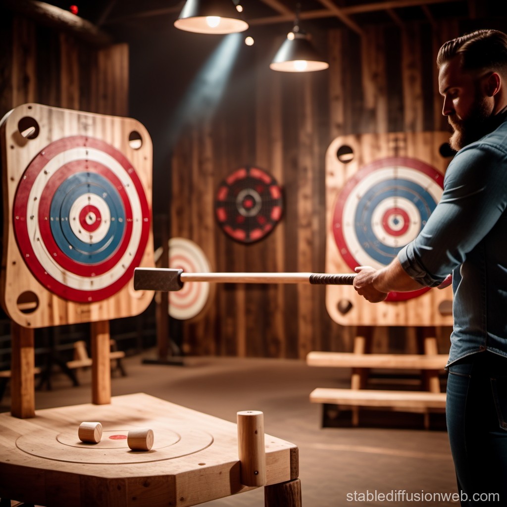 Man Playing Axe Throwing in Rustic Indoor Range