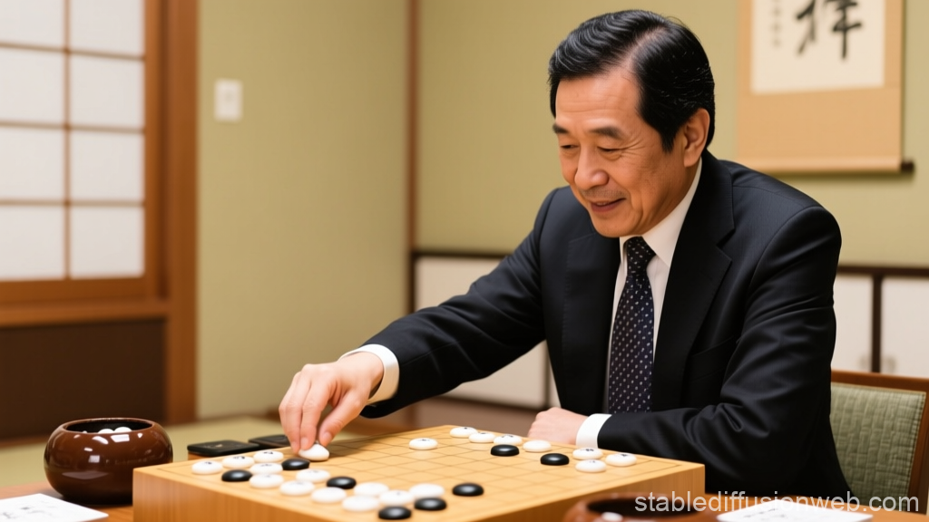 Man Playing Go in Traditional Japanese Room