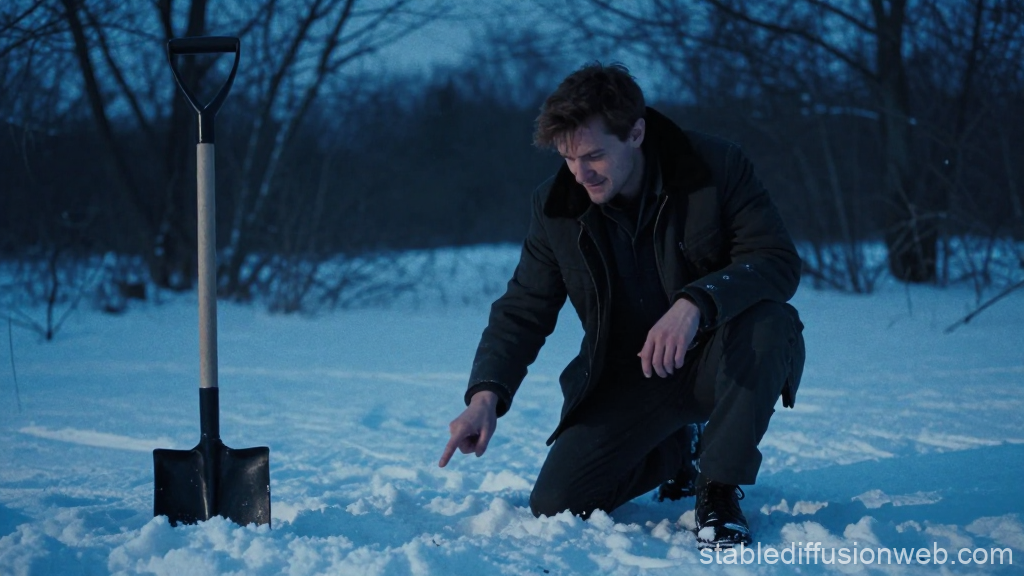 Man Pointing at Snow in Winter Forest
