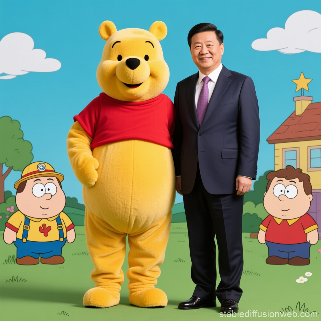 Man Posing with Winnie the Pooh Character in Cartoon Setting