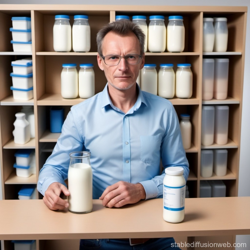 Man Presenting Milk Bottles in Storage Room