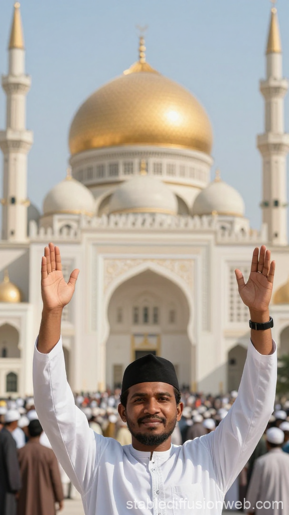 Man Raising Hands in Prayer at Golden Dome Mosque