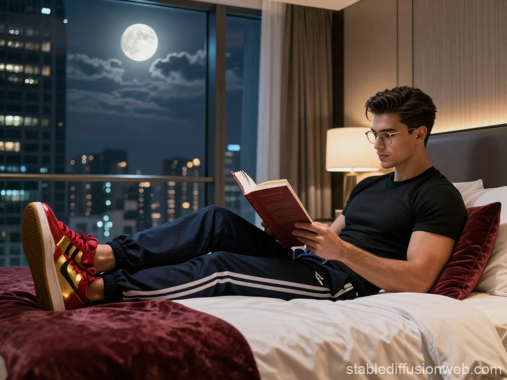 Man Reading a Book by Moonlight in a Modern City Apartment