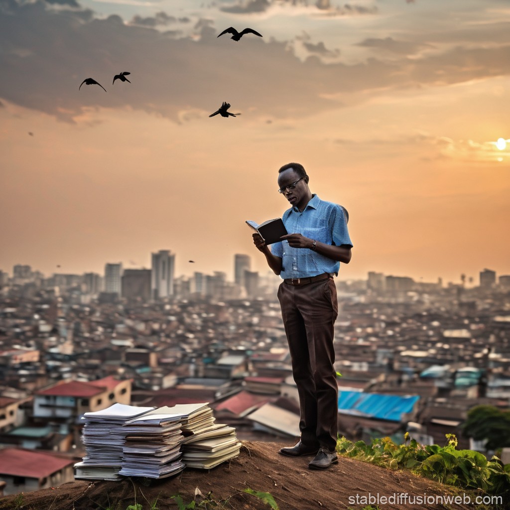 Man Reading a Book on a Hill Overlooking a City at Sunset