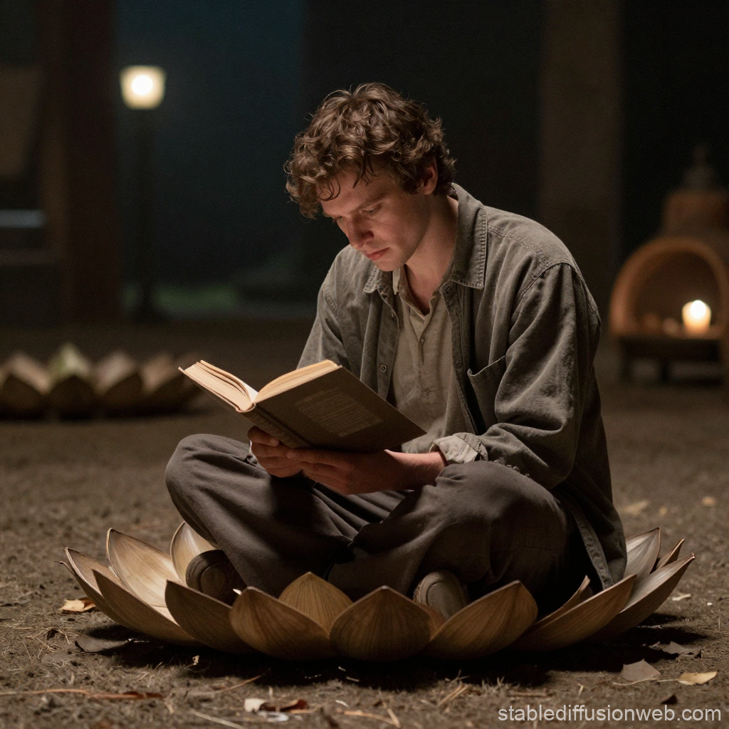 Man Reading in Lotus Position on Wooden Lotus Seat