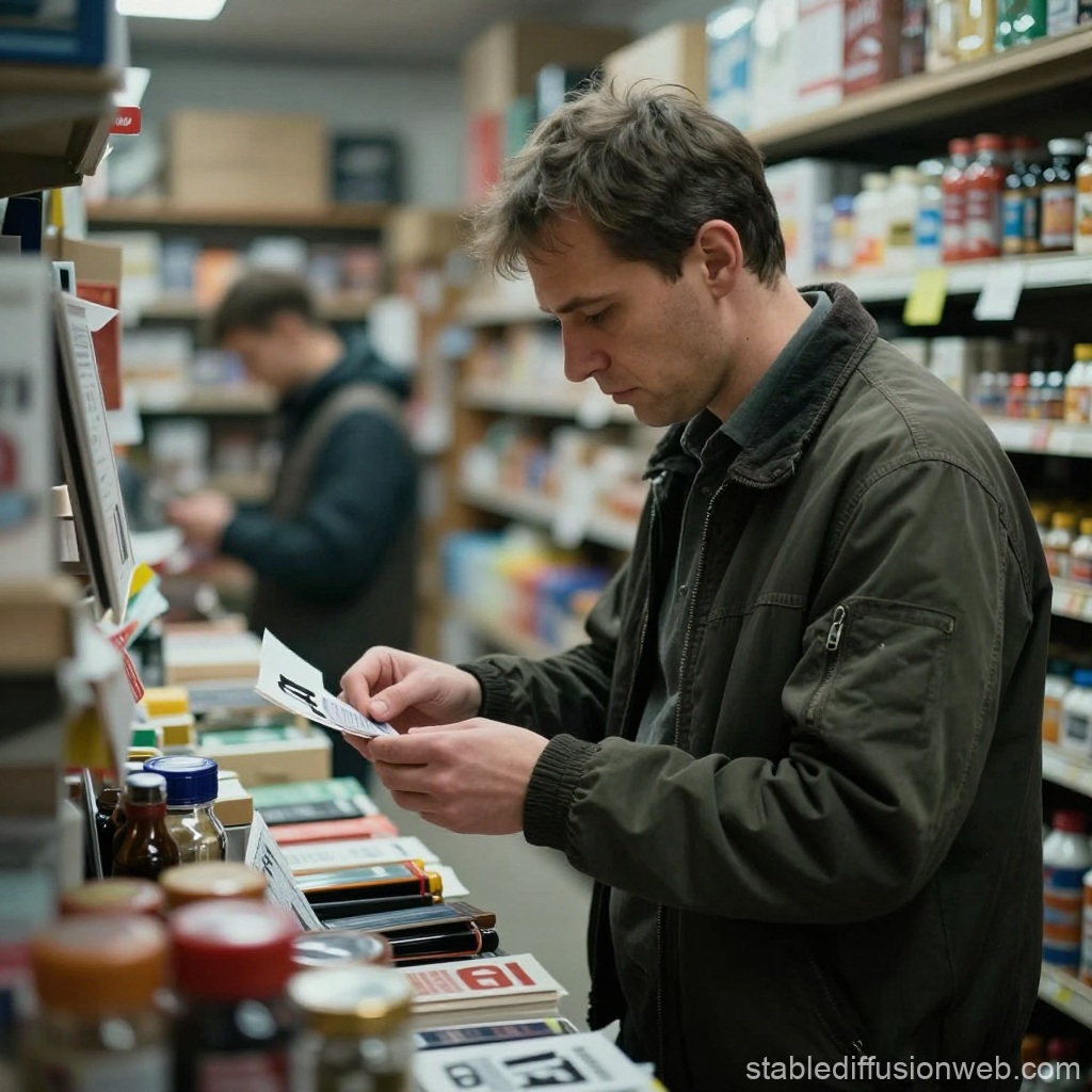Man Reading Product Information in Store Aisle