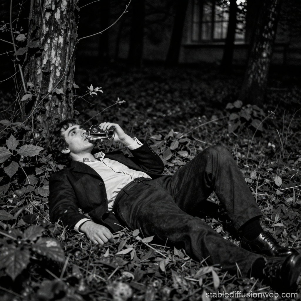 Man Reclining in Forest Drinking from Glass at Night