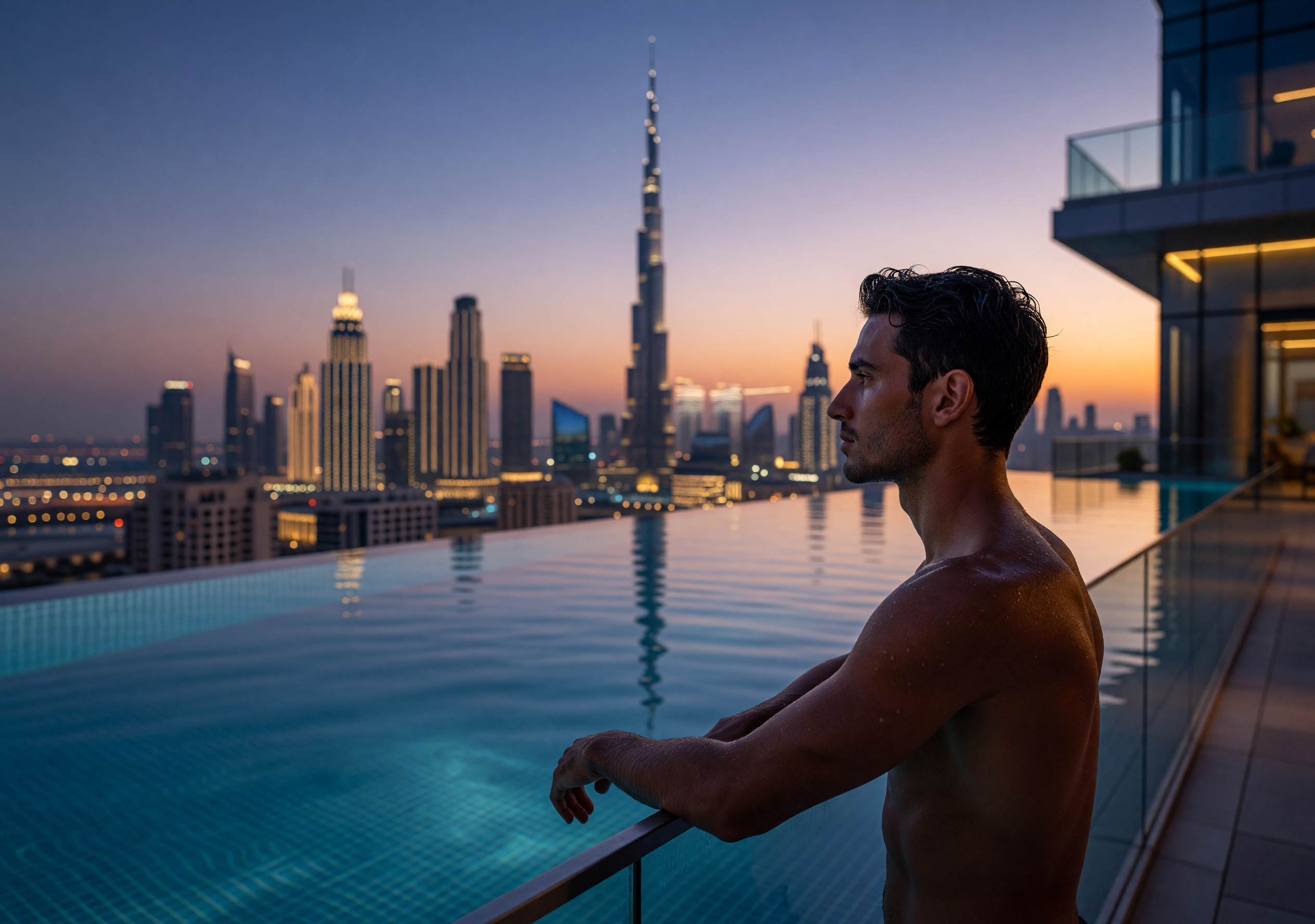 Man Relaxing by Infinity Pool at Dusk with Dubai Skyline