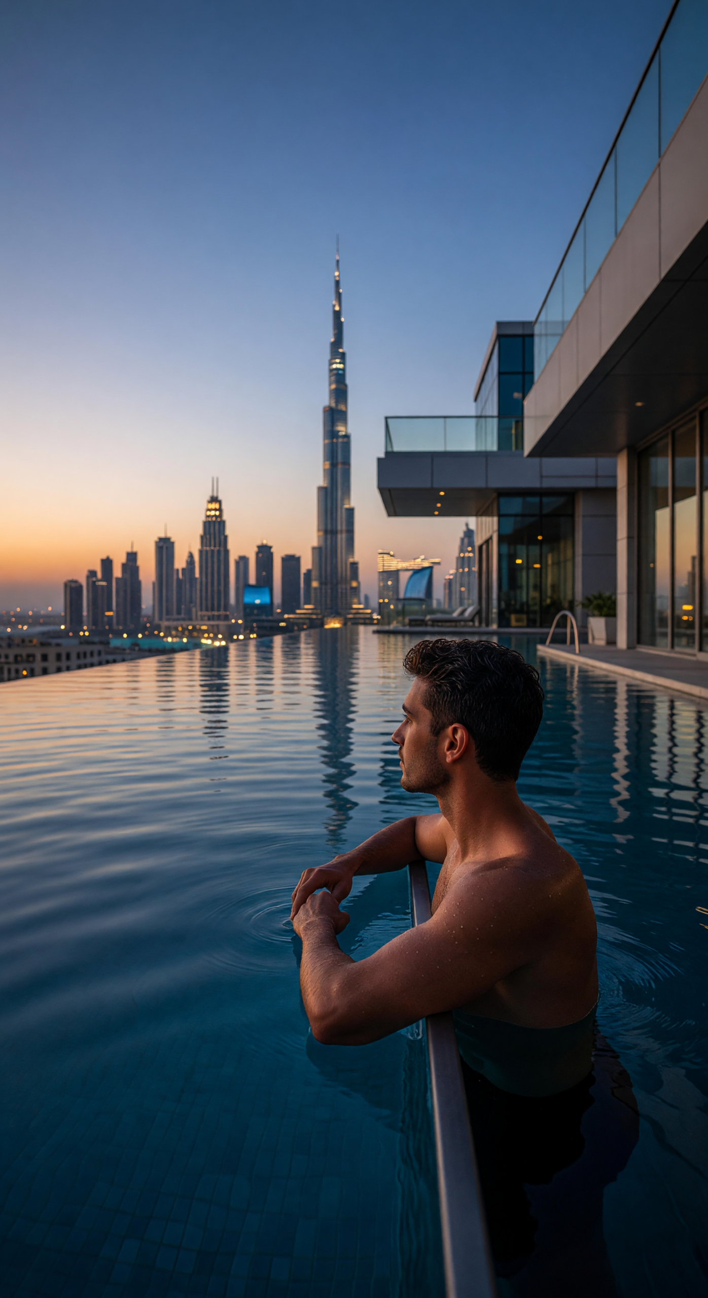 Man Relaxing in Infinity Pool Overlooking Dubai Skyline at Dusk