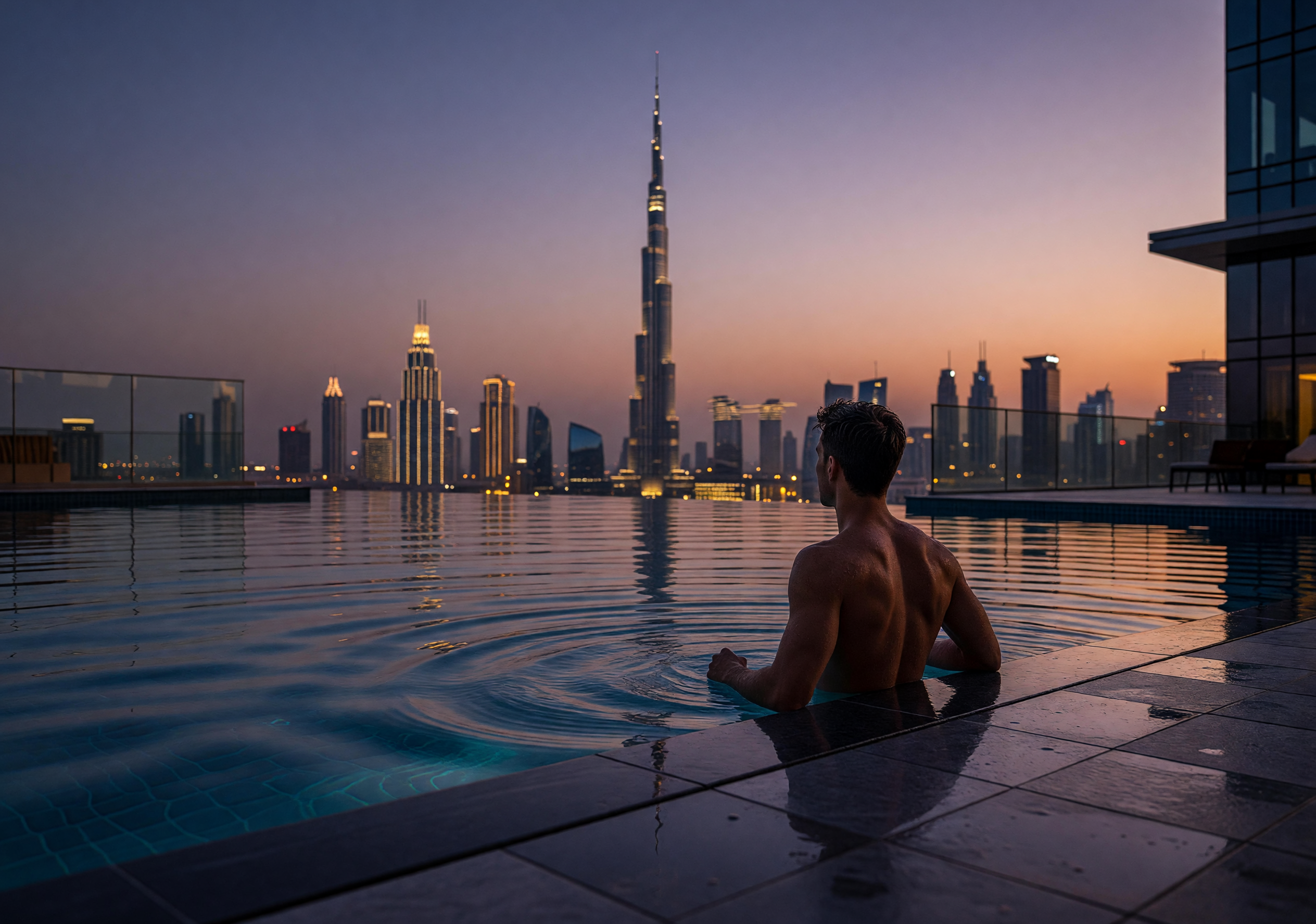 Man Relaxing in Rooftop Infinity Pool at Dusk with Dubai Skyline