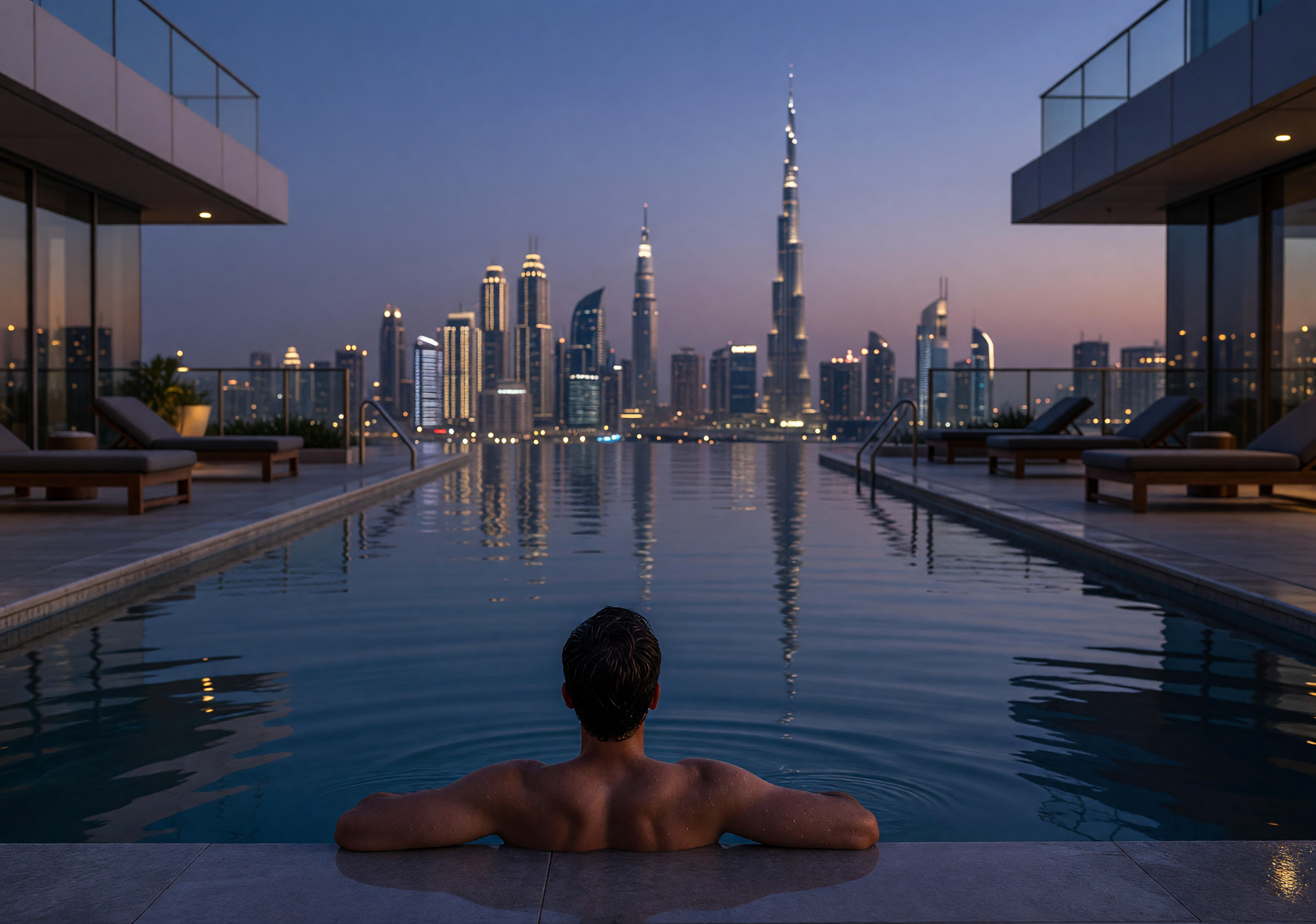 Man Relaxing in Rooftop Infinity Pool with Dubai Skyline at Dusk