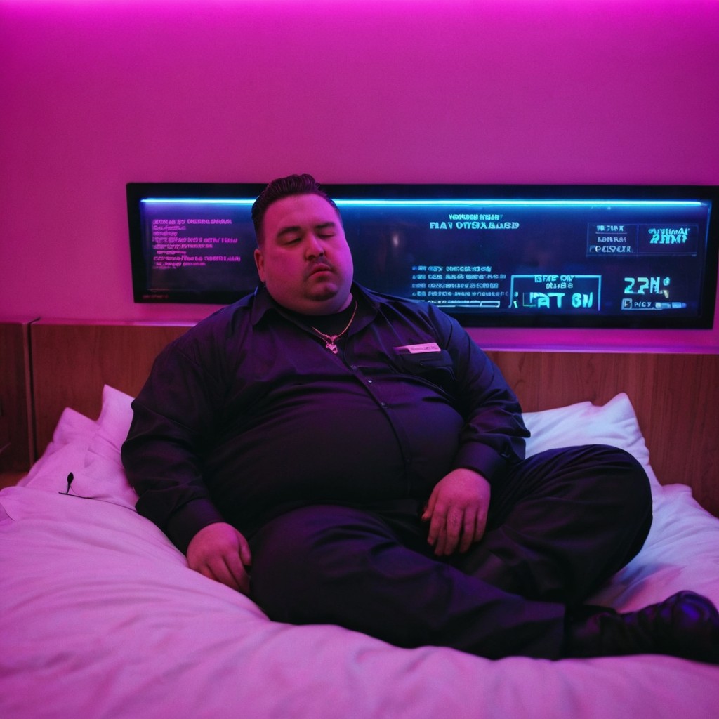 Man Relaxing on Bed with Neon Purple Lighting