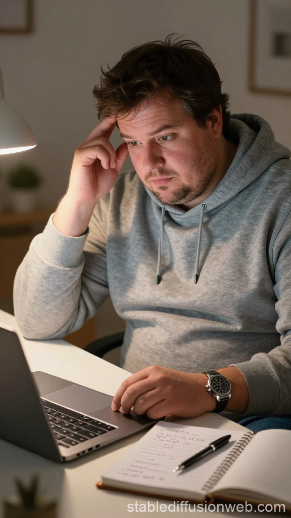Man Researching Weight Loss on Laptop at Home