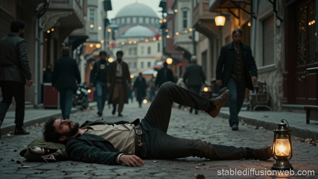 Man Resting on Cobblestone Street in Istanbul