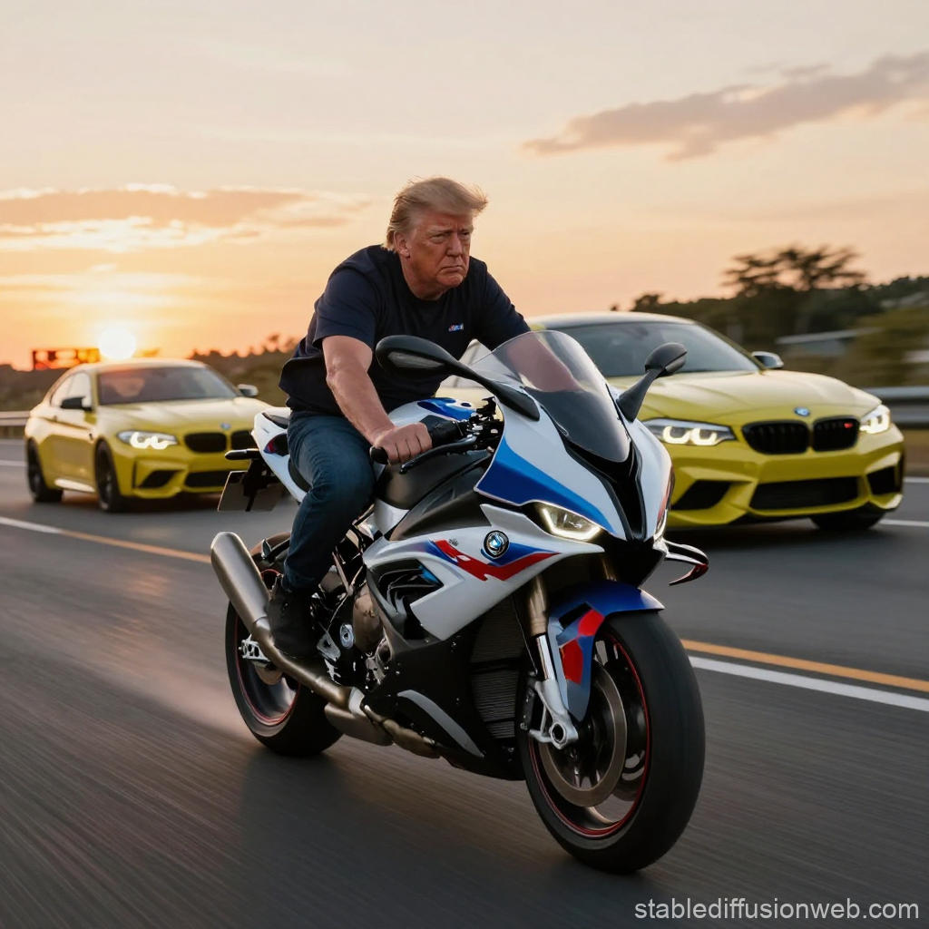 Man Riding BMW M1000RR Motorcycle with Yellow BMW Cars at Sunset