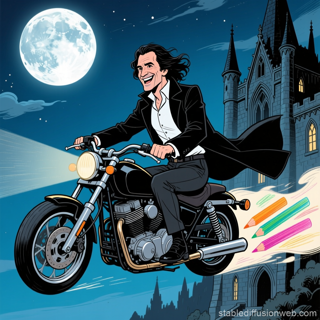 Man Riding Motorcycle with Colorful Pencil Trail at Night