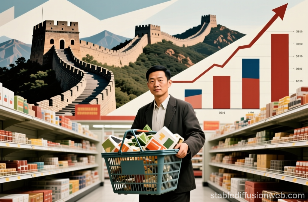 Man Shopping in Supermarket with Great Wall and Growth Chart Background