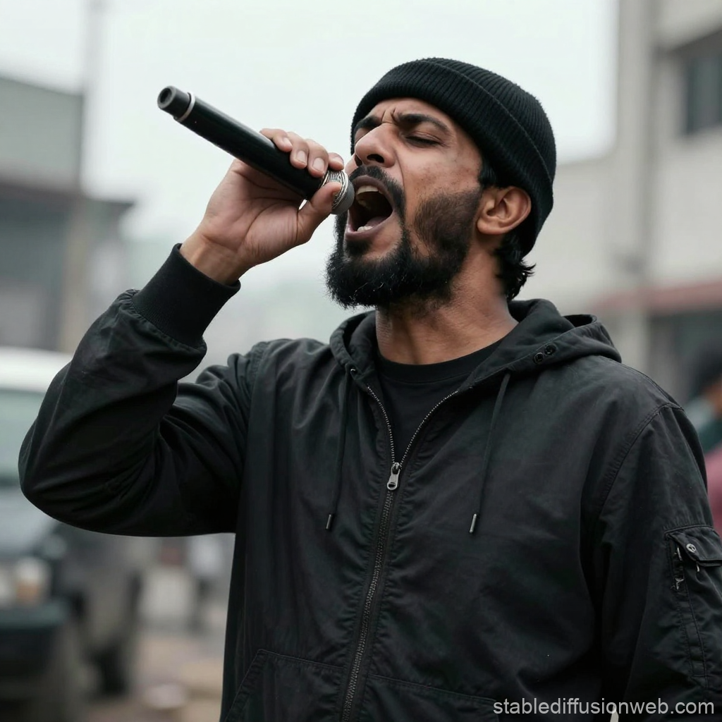 Man Singing Passionately into Microphone Outdoors