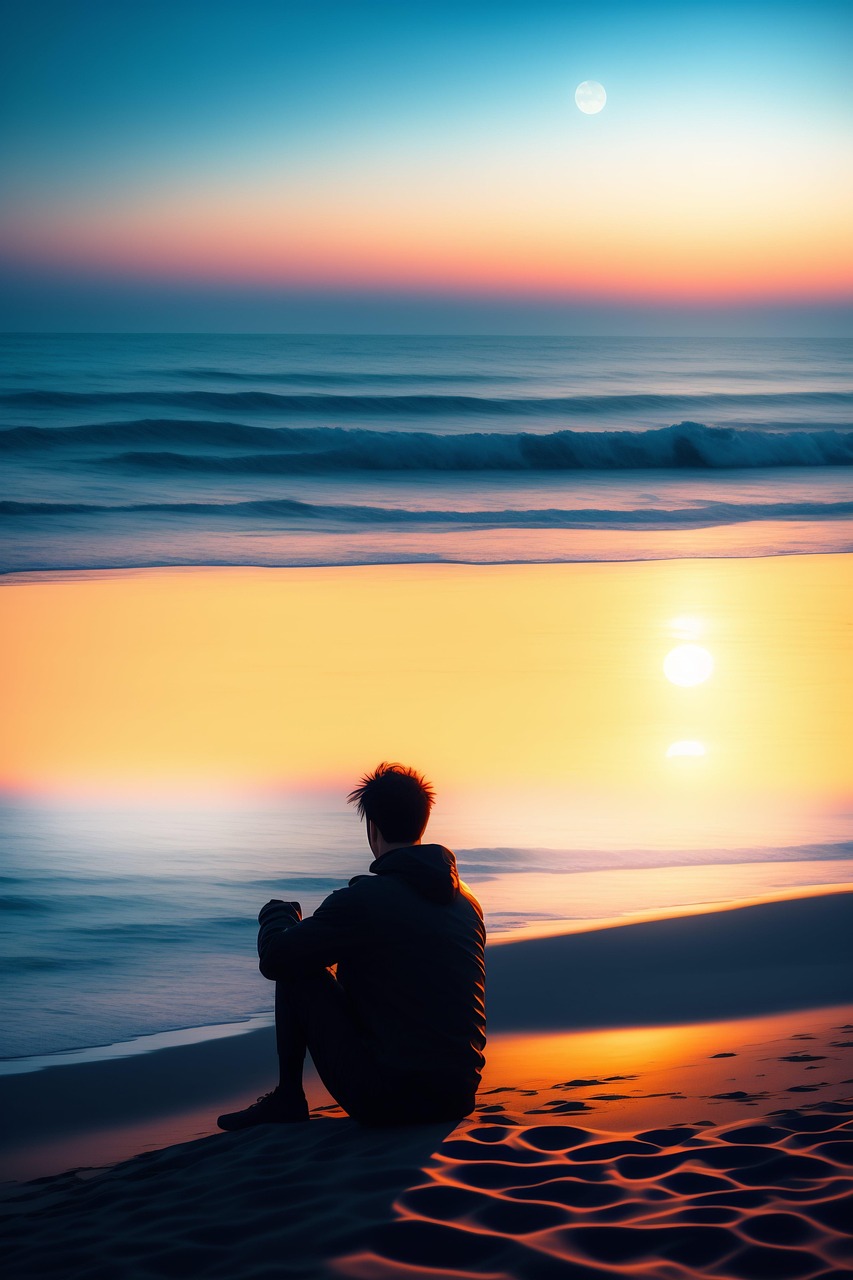 Man Sitting Alone on Beach at Sunset