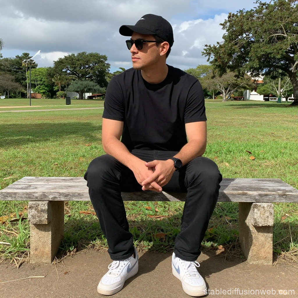 Man Sitting on Park Bench in Casual Outfit