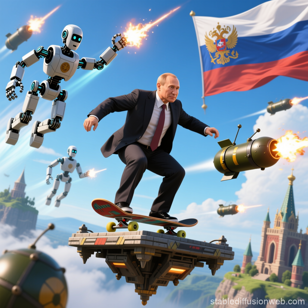 Man Skateboarding on Floating Platform Amidst Combat Robots and Missiles
