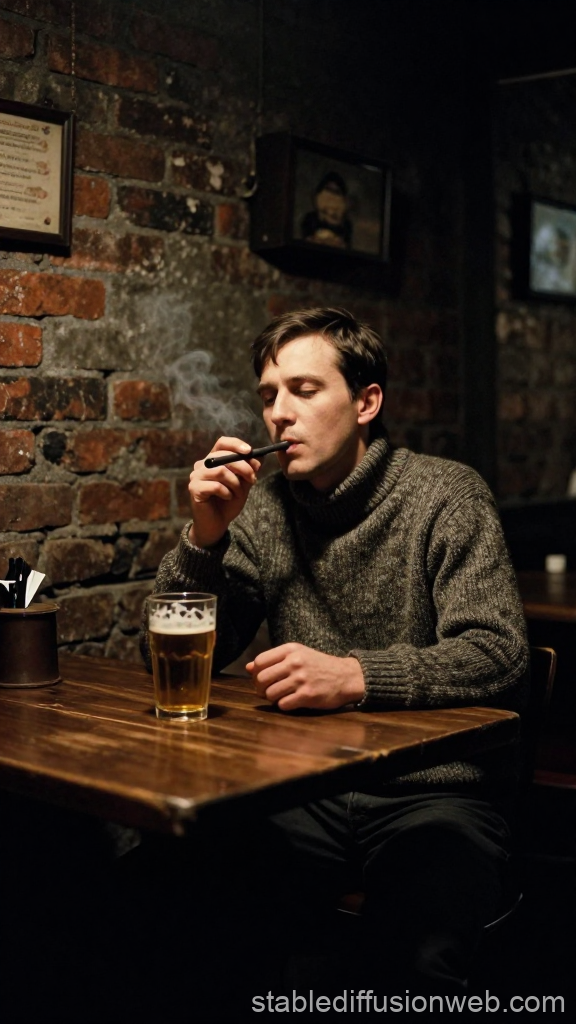 Man Smoking Pipe in Gloomy Tavern with Beer