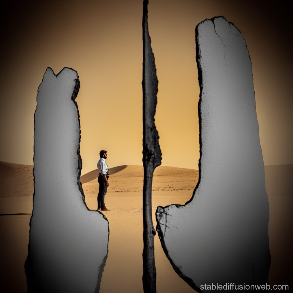 Man Standing in Desert Seen Through Abstract Split Frame
