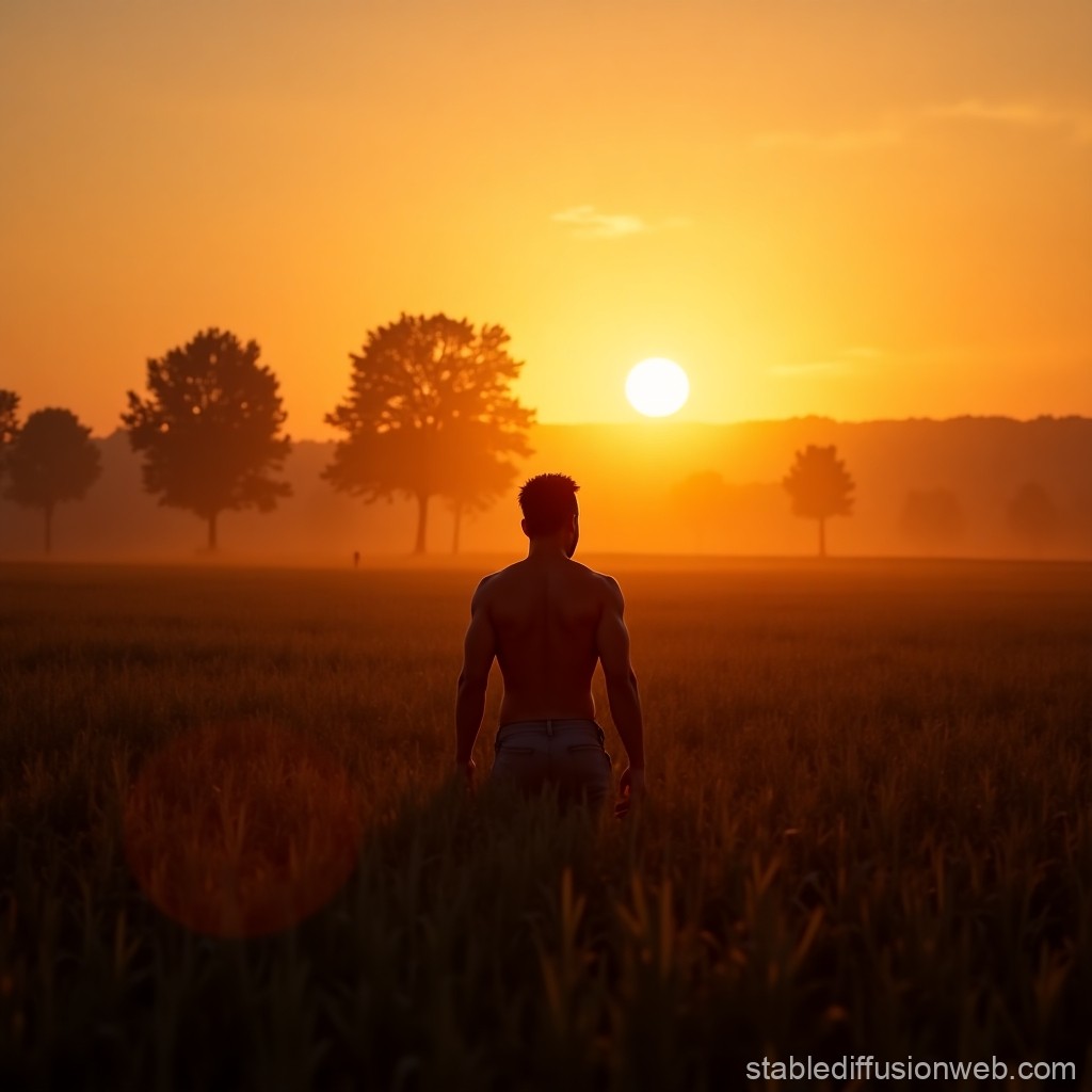 Man Standing in Field at Sunset