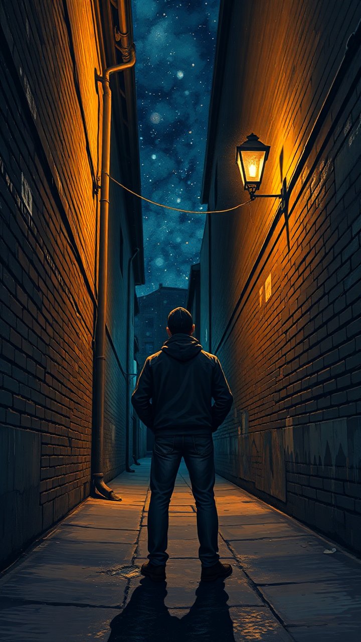 Man Standing in Narrow Alley Under Starry Night