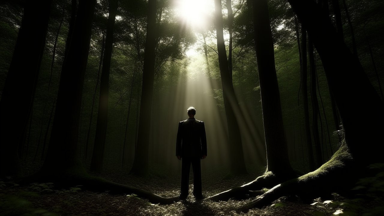 Man Standing in Sunlit Forest Clearing