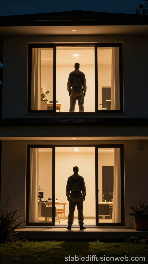Man Standing Inside a Modern House at Night