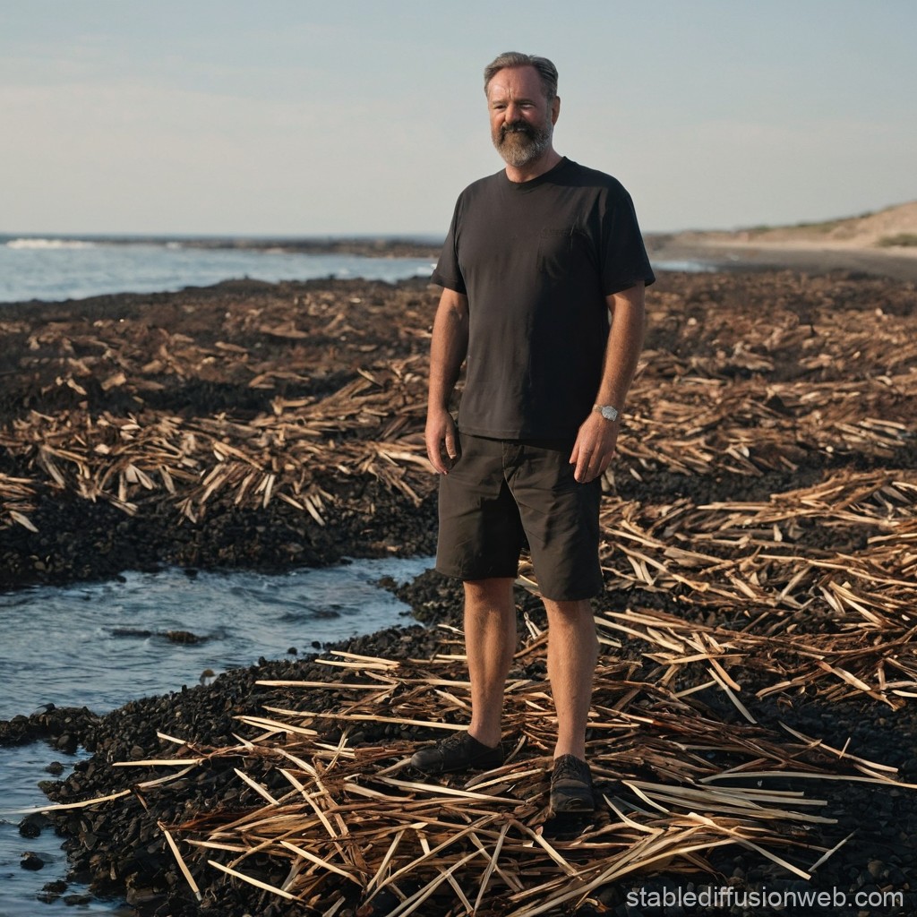 Man Standing on Rocky Shoreline with Driftwood