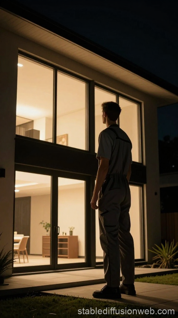 Man Standing Outside Modern House at Night
