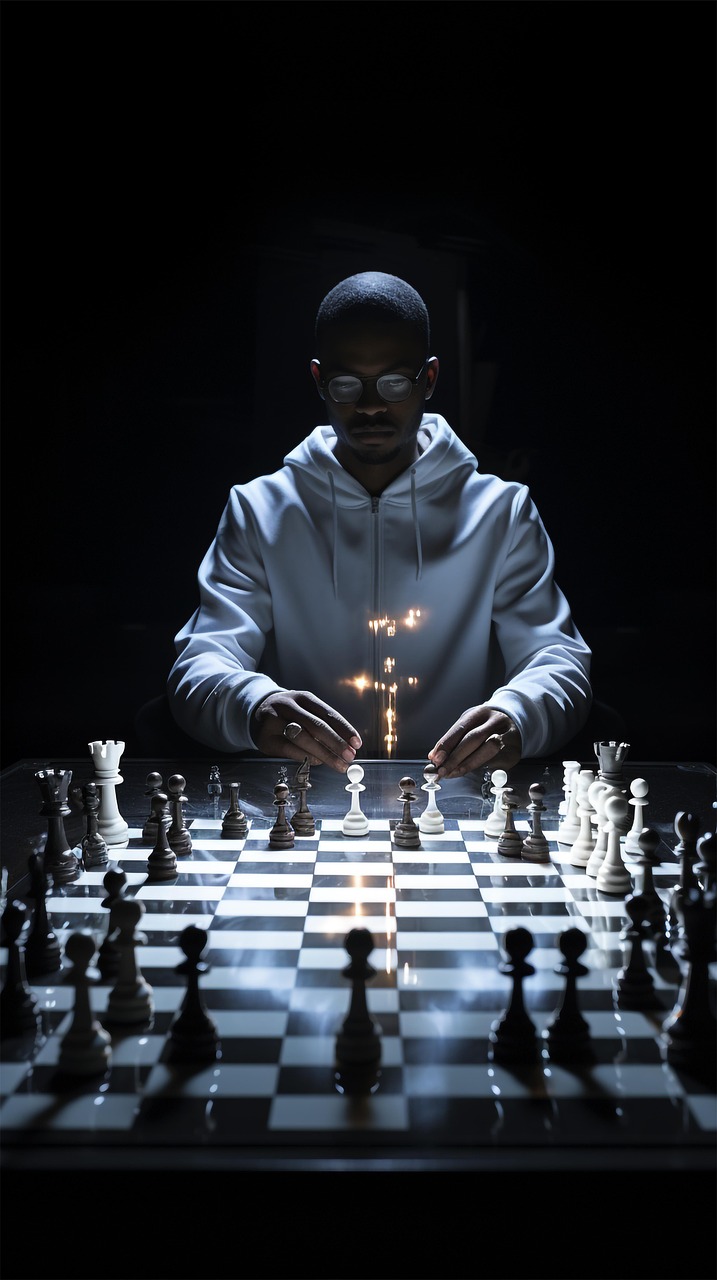 Man Strategizing Over Chessboard with Glowing Pieces