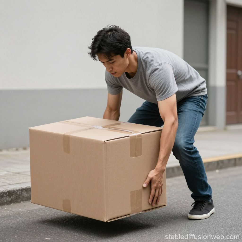 Man Struggling to Lift a Heavy Cardboard Box Outdoors
