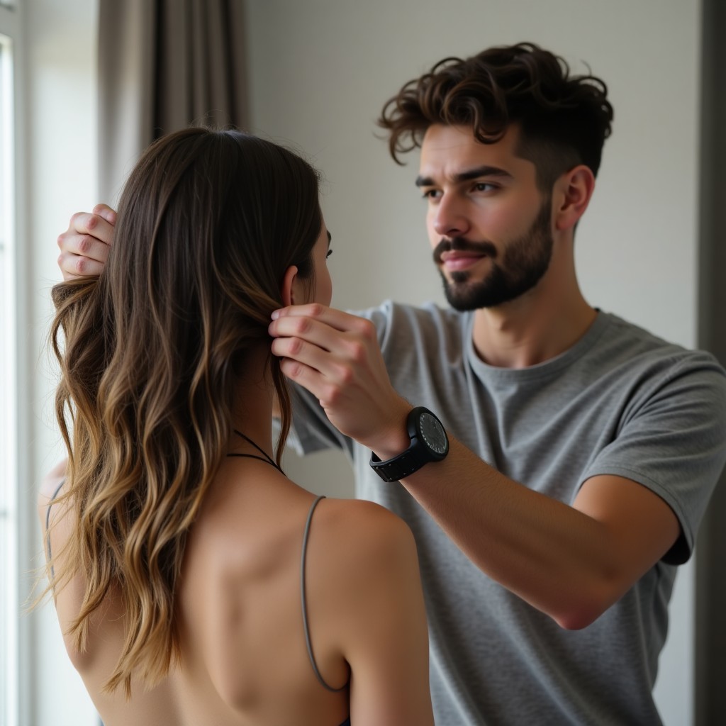 Man Styling Woman's Hair Indoors