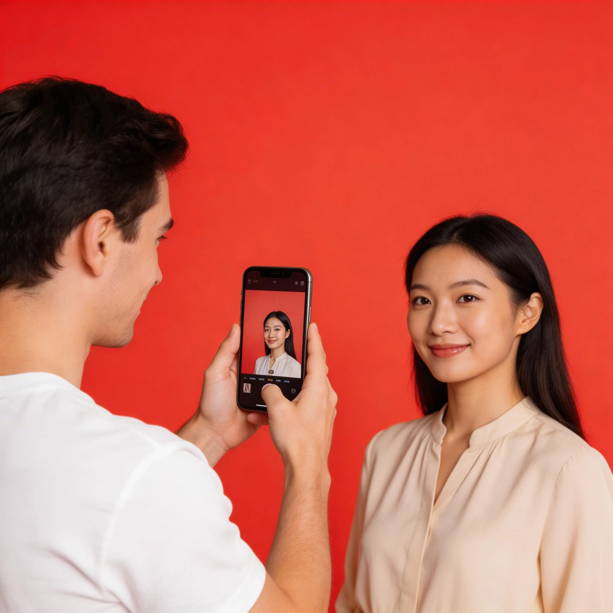 Man Taking Photo of Smiling Woman Against Red Background