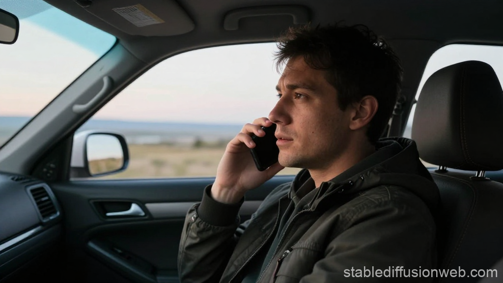 Man Talking on Phone Inside Car at Sunset