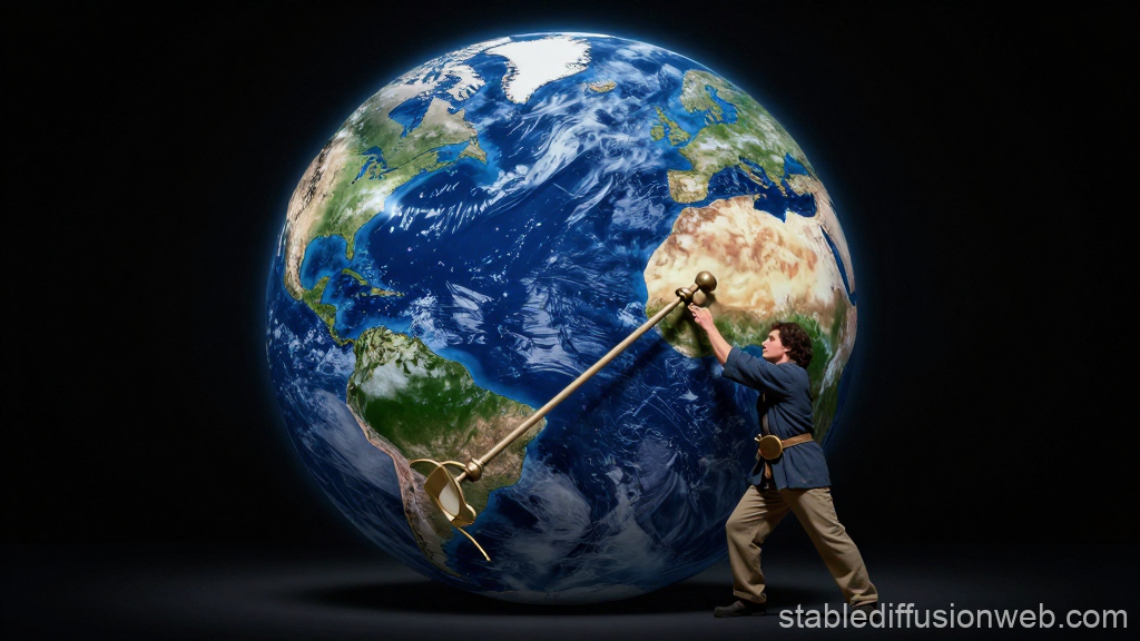 Man Using Giant Armillary Sphere on Earth Globe