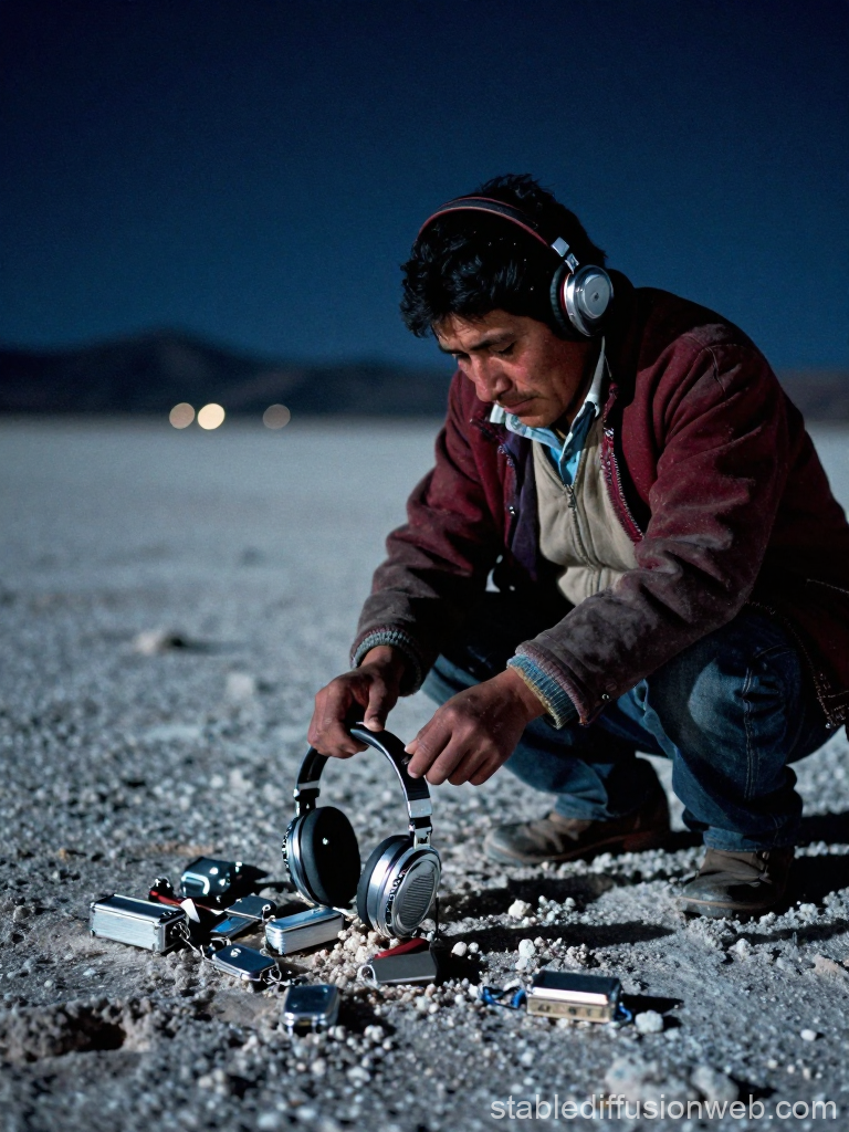Man Using Headphones with Biomechanical Devices in Uyuni Desert