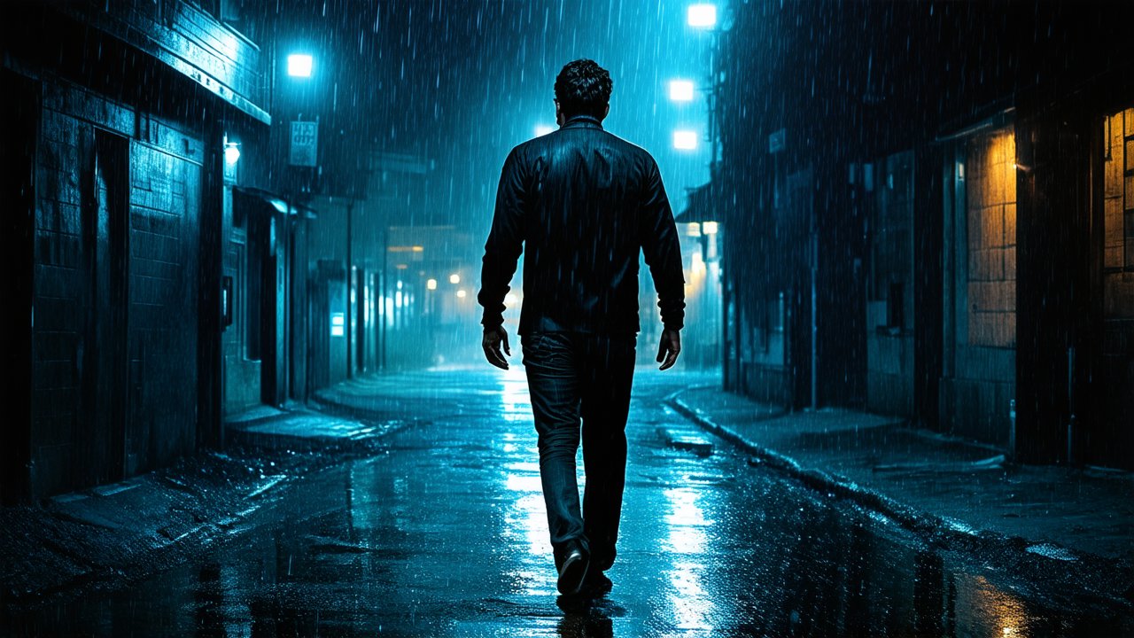 Man Walking Alone in Rainy Urban Night