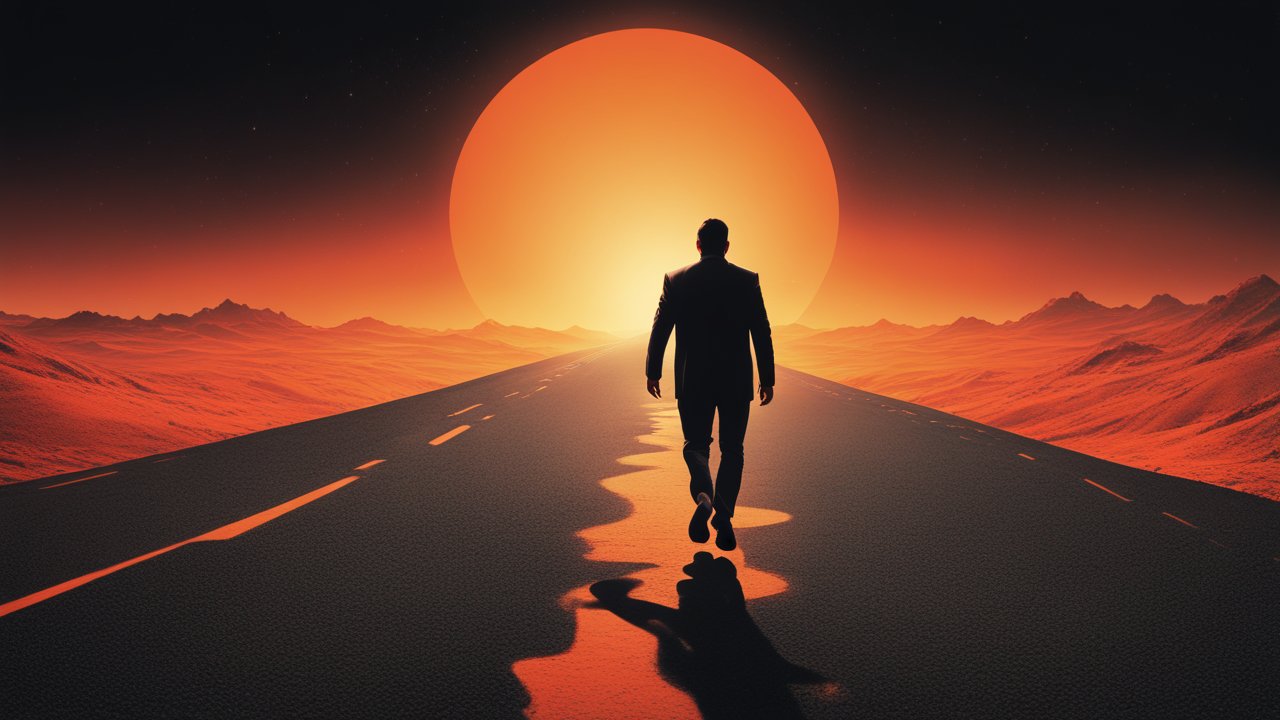 Man Walking Toward a Giant Setting Sun on an Endless Road