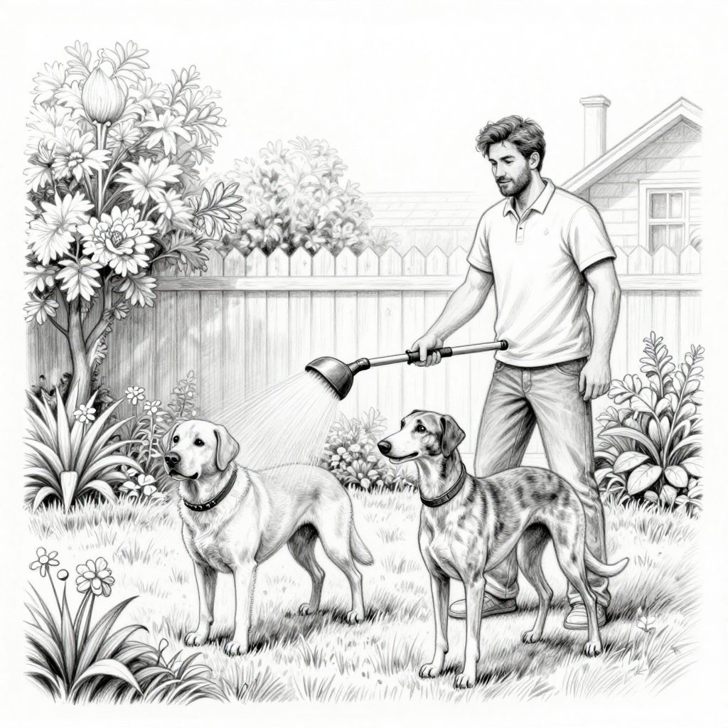 Man Watering Dogs in Garden Sketch
