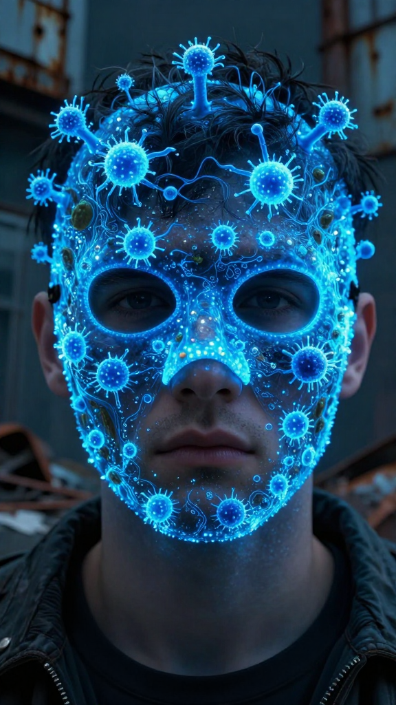 Man Wearing a Glowing Bacterial Mask