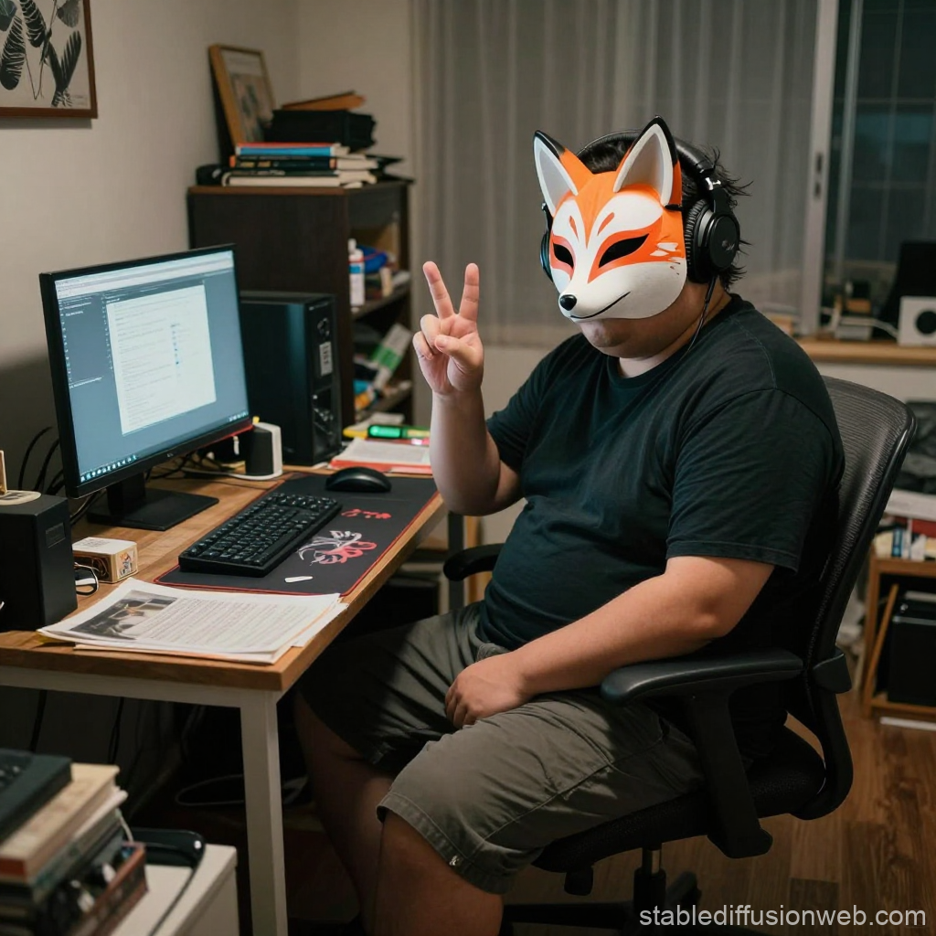 Man Wearing Fox Mask Working at Computer Desk
