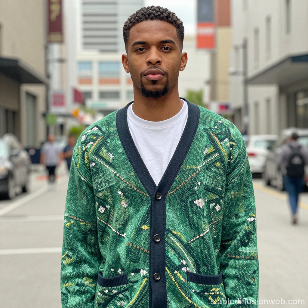 Man Wearing Green Patterned Cardigan in Urban Street